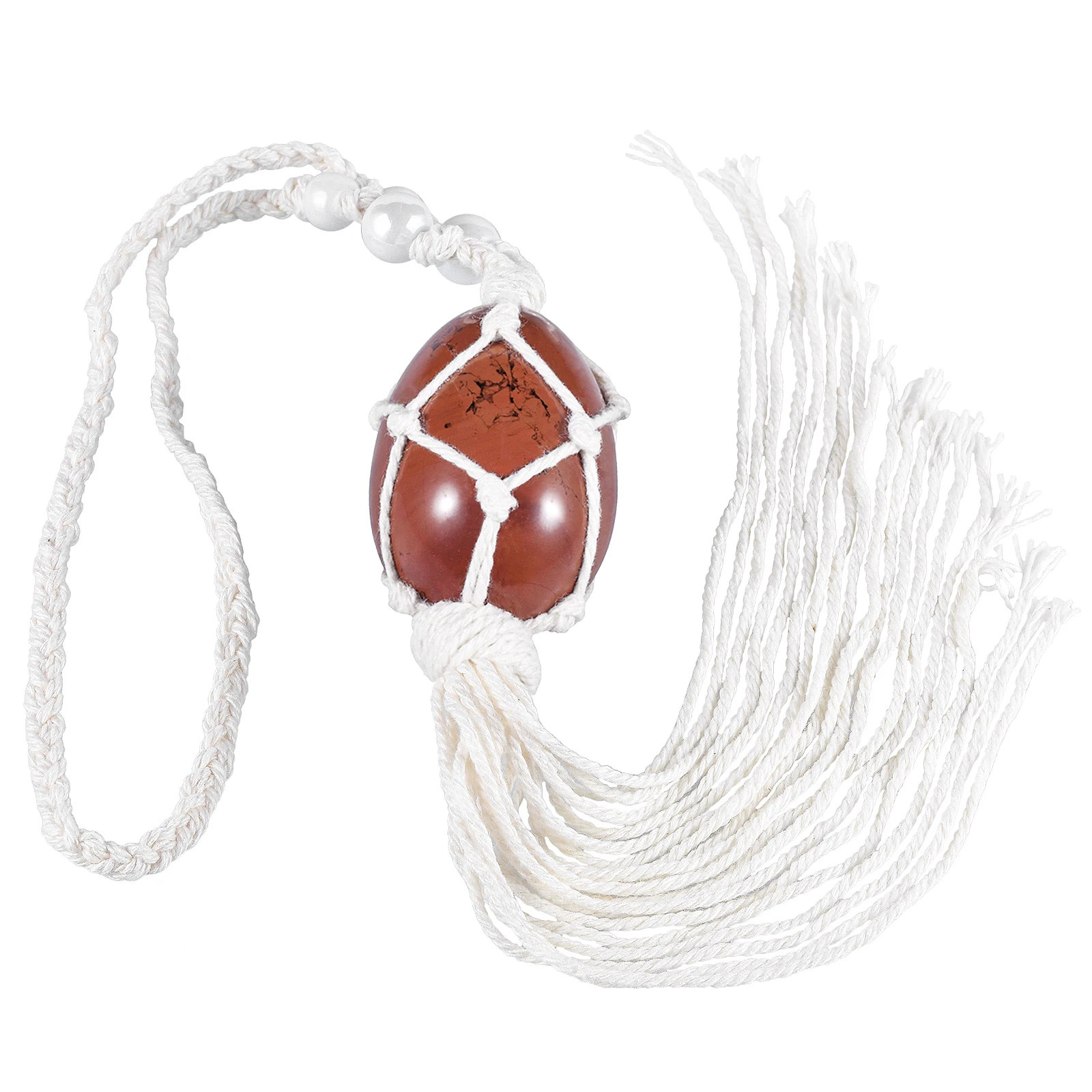 Natural Gemstone Egg-Shape Hanging Ornament With Tassels Nylon Rope Wrapped Polished Crystal Stone Hanging For Car Home Decor