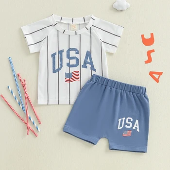 Boys American Flag Independence Day Outfits Short Sleeve Striped Tops and Shorts Set 2 Pieces Summer Clothing 4