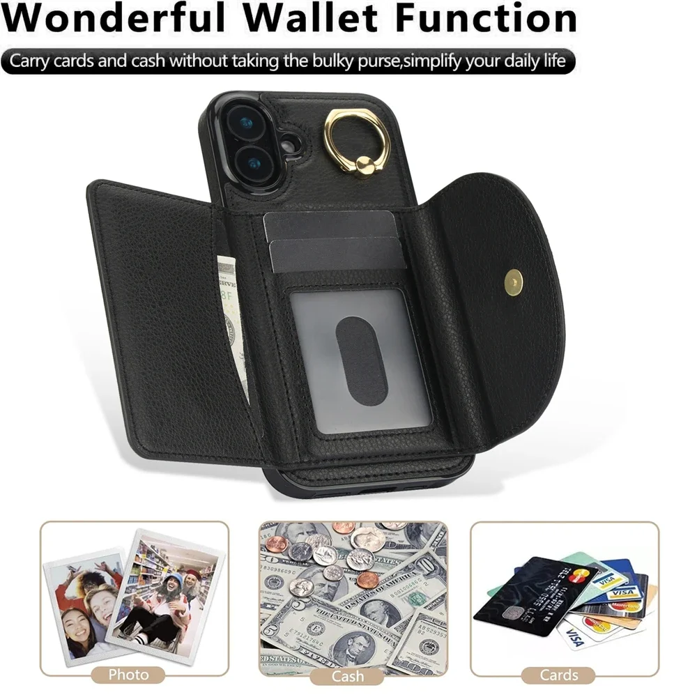 Brieftasche Ledertasche für iPhone 16 Pro Max 14 15 13 Fingerringhalter Telefonhülle Kartenfächer Vollständige Schutzhülle_voghion.com