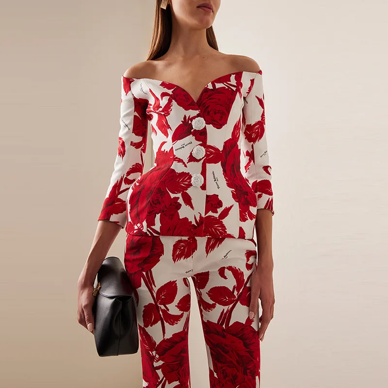 odoodem womens fashion off shoulder floral print 3/4 sleeve 3D rose top cropped straight pants outfits