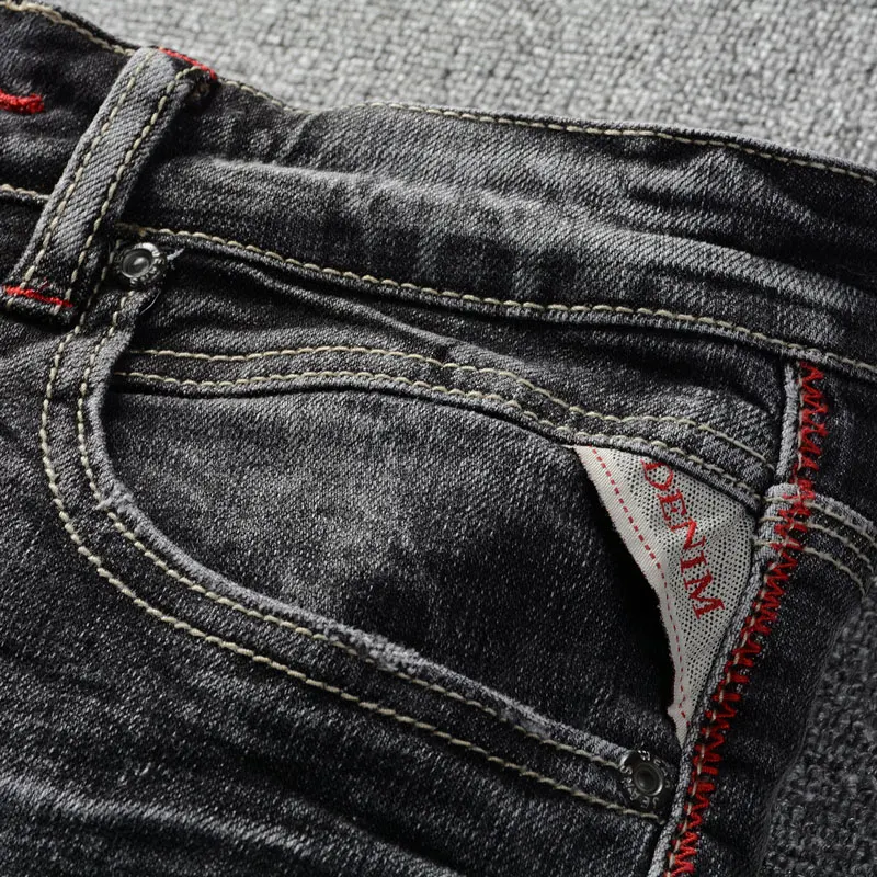 Fashion Designer Men Jeans Retro Black Gray Elastic Stretch Slim Fit Ripped Jeans Men Casual Trousers Vintage Denim Pants Hombre