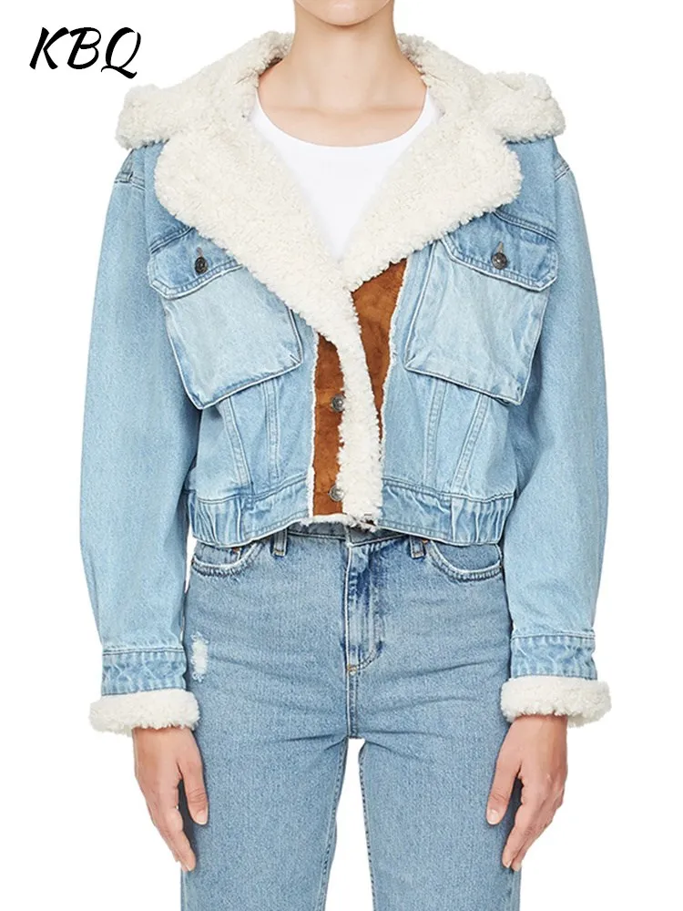 

KBQ Casual Hit Color Lambswool Jackets For Women Hooded Long Sleeve Single Breasted Spliced Denim loose Winter Coats Female New