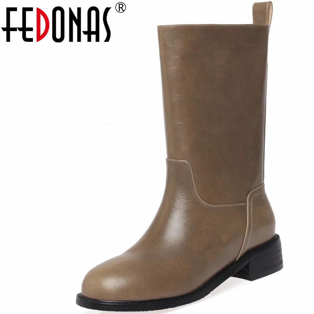 

FEDONAS Low Heels Women Mid-Calf Boots Autumn Winter New Genuine Leather Concise Round Toe Office Lady Working Shoes Woman Basic
