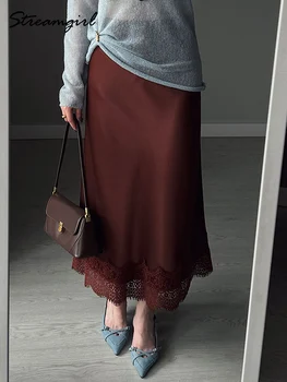 Streamgirl Summer Brown Satin Skirts For Women Long Luxury Bodycon Black Satin Silk Skirt With Lace Lady Office Maxi Skirt Lace 1