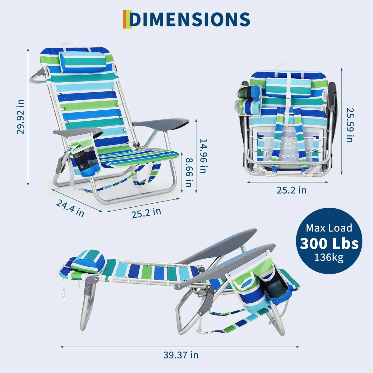Portable Backpack Beach Chair 2 Pack 5 Reclining Positions Folding Outdoor Lounge w/Backpack Straps,Cup Holder for Camping Beach — view 3
