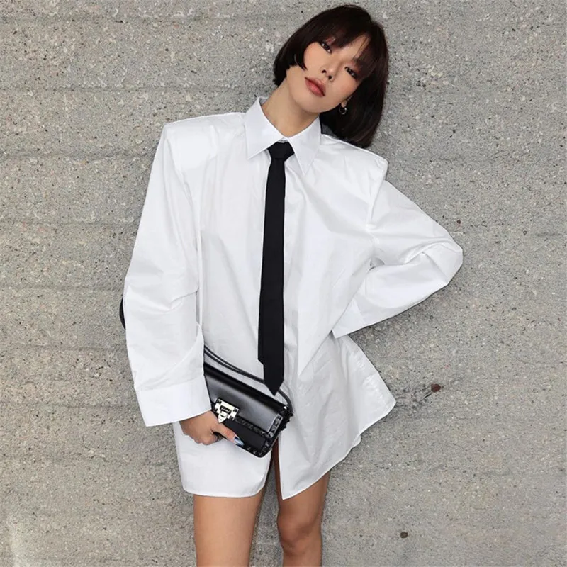 White Shirt 2024 Spring Women's Fashion Pure Cotton Long Sleeved Shirt With Black Tie Loose Long White Blouse