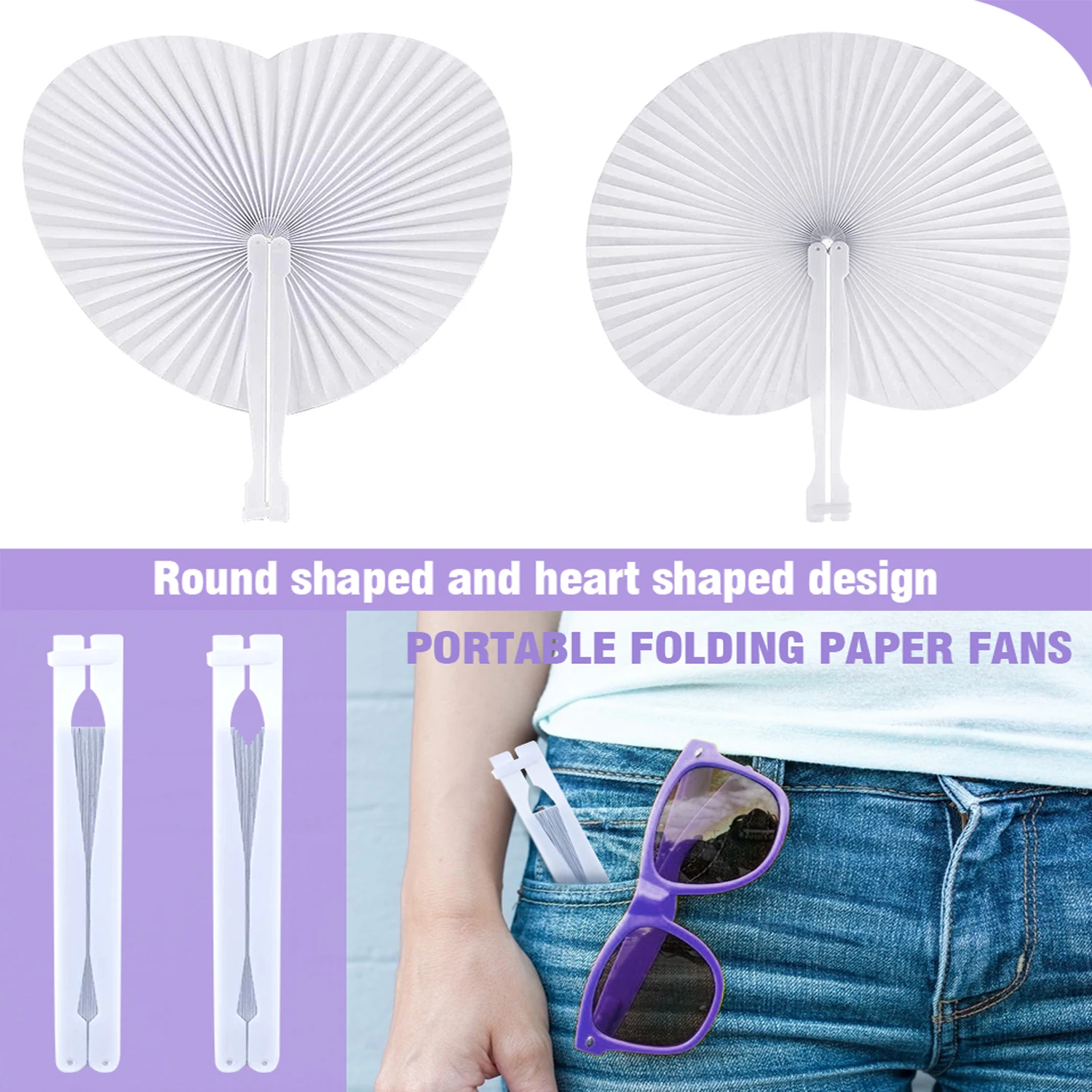 15/30/50cs Heart Shape Circular Folding Fan Blank Paper Hand Fans With Plastic Handles DIY Painting Birthday Wedding Party Decor