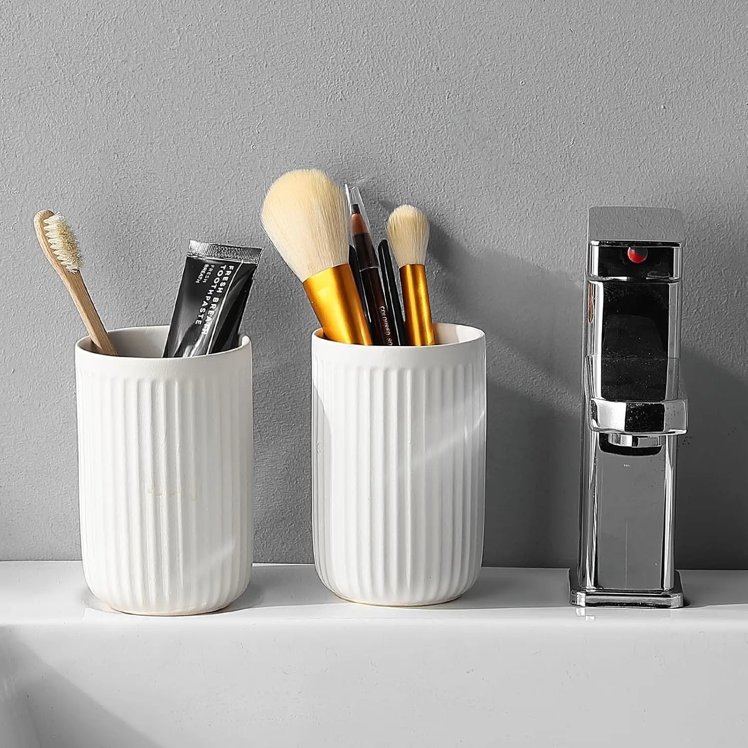 White Toothbrush Holders for Bathrooms - 1 Cups Ceramic Toothbrush Toothpaste Holders, White Bathroom Tumbler Cups Reusable