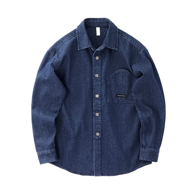 Heavyweight Washed Distressed Denim Shirt For Men Long-Sleeved Amekaji Thickened Loose Workwear Striped Shirt Men's Jacket