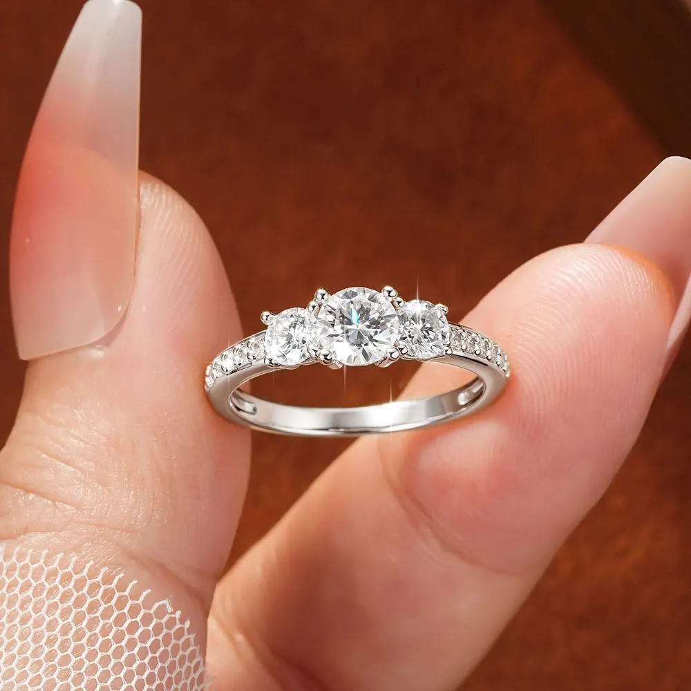 Celestinova Round Moissanite Three Stone Ring GRA Certified 14K Gold Plated Engagement Wedding Bridal Jewelry For Women