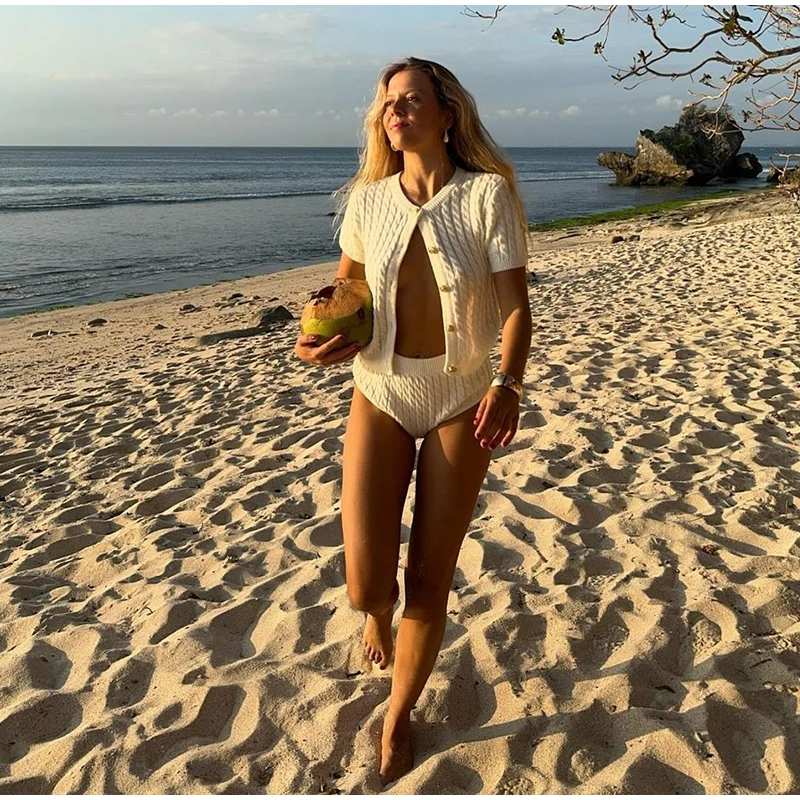 Knitted Single Breasted Cardigans Women Solid O-neck Short Sleeve Ribbed Sweaters Female Fashion New Slim Ladies Casual Top