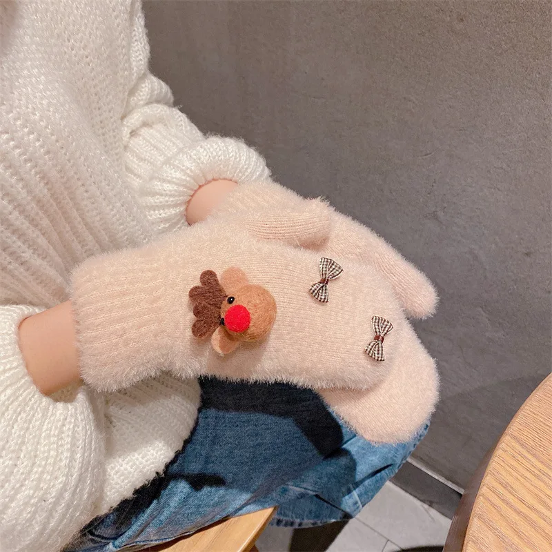 Hot Sale Winter Gloves Woman Christmas Elk Bowknot Women's Gloves High Elastic Wool Knit Outdoor Riding Keep Warm Mittens