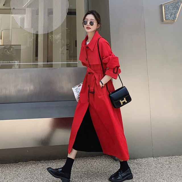 fall red trench coat outfit