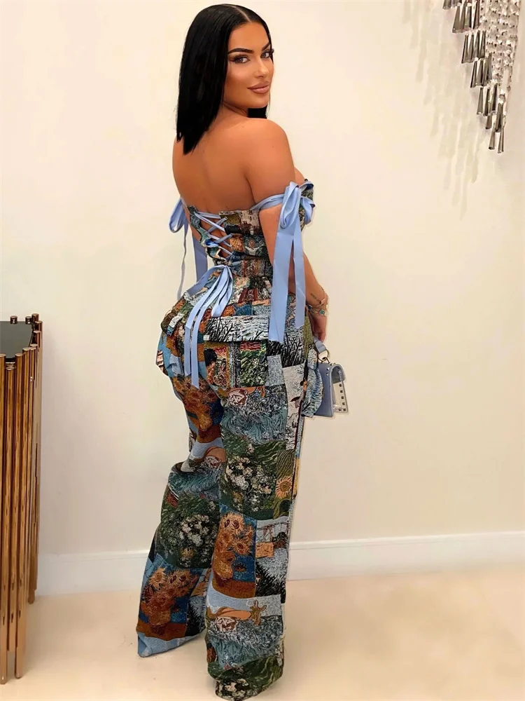 Wmstar 2 Piece Sets Women Sexy Printed Oil Painting Pattern Strap Drawstring Multi Pocket Pants Set Wholesale Dropshipping 2024