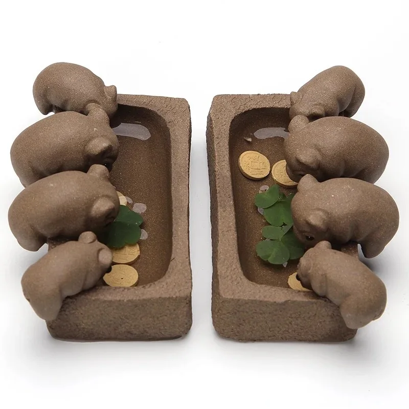 Handcrafted Four Little Pigs Drinking Water Purple Sand Figurine Sculpture, Statues for Decoration, Living Room Decoration