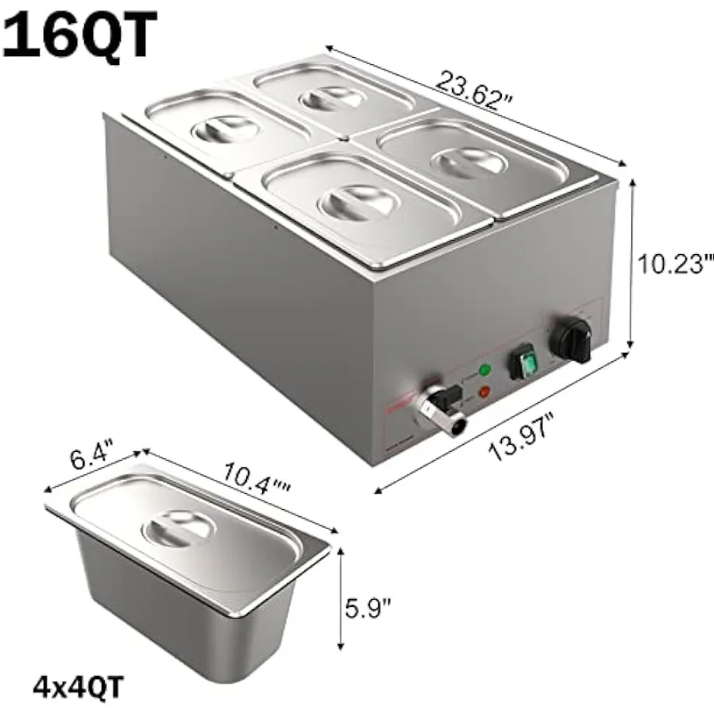 Commercial Stainless Steel 4 Sections Bain Marie Food Warmer 16 Qt Buffet Server with Lid and Tap for Home, Restaurants