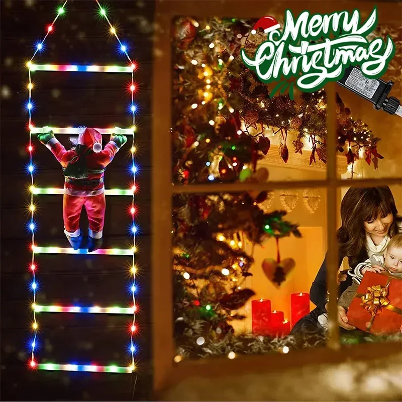Weihnachtsdekoration für Zuhause, Party, Geschenk, Weihnachtsmann, Polyester, Weihnachtsschmuck, LED-Lichterkette für Weihnachtsbaum, Leiter, Kletterlichter_voghion.com