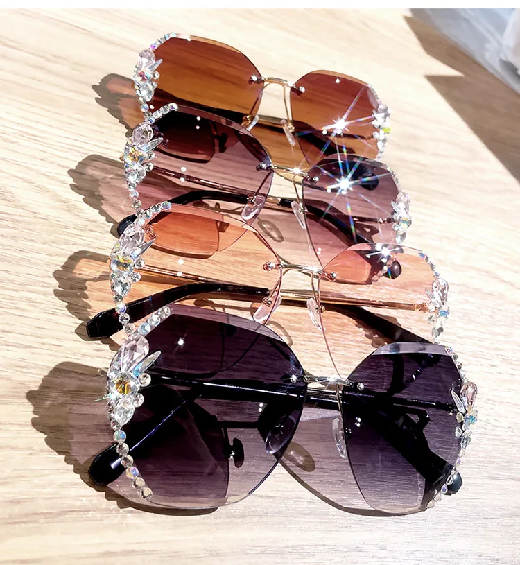 Vintage Rimless Rhinestone Sunglasses Women 2022 Luxury Brand Design Fashion Gradient Lens Sun Glasses Men Shades for Female big frame sunglasses