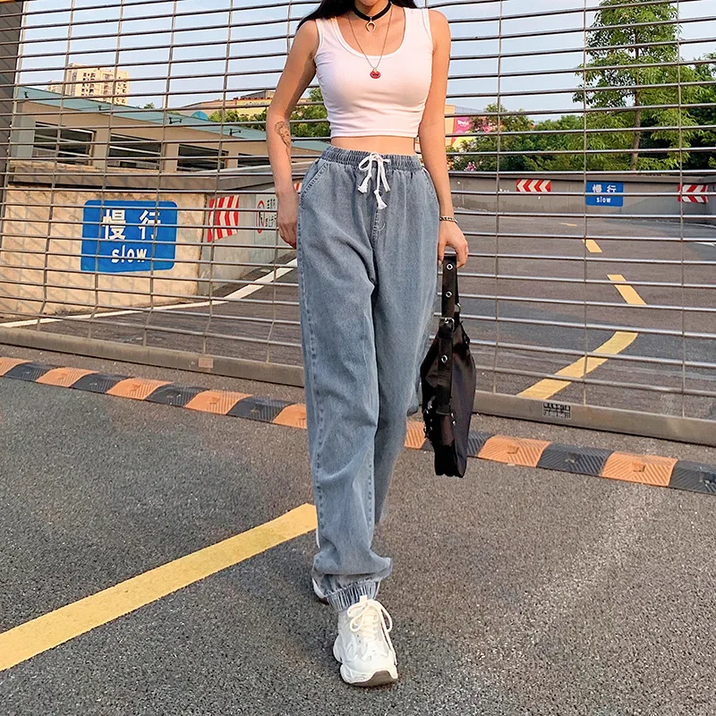 Women 2021 New Fashion Blue Loose Vintage Y2k Denim Pants Spring Autumn Street Drawstring Jeans Indie High Waist Ankle-tied Pant split jeans women s high waist slim 2021 summer spring ankle length pants flared pants student trendy blue two buckle auutumn