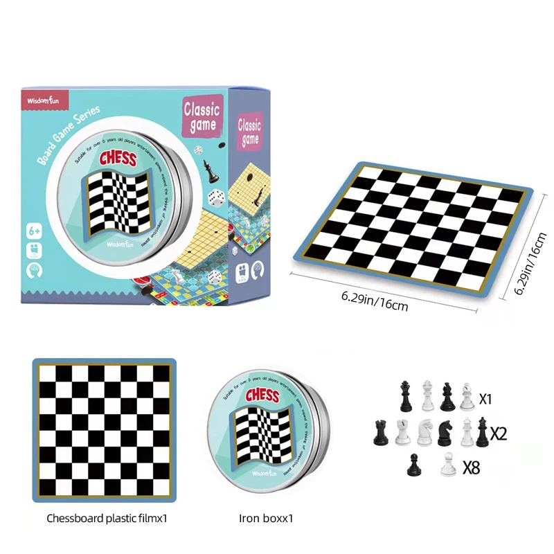 6.3 inch chess set equipped with plastic film chessboard and portable metal box chessboard game adult and child tabletop game