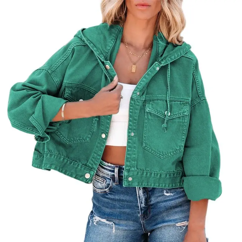 FashionSpringAutumn2023HoodedDenimJacketWomenShortVintageJean