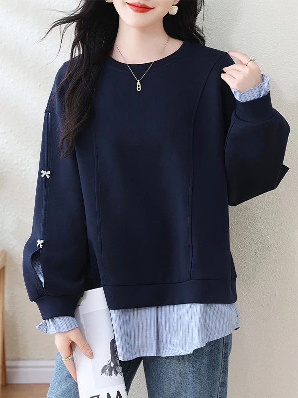 Casual Women's Faux Two-Piece Hoodie Spring Autumn New Sle European Loose Large Size Striped Patchwork Top Comfortable Cott...