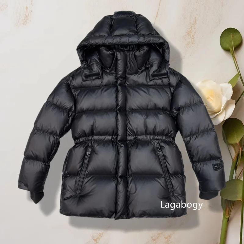 Lagabogy 2025 Black Color Mid-Long Puffer Jacket Winter Women 90% White Duck Down Coat Female Waterproof Thick Warm Hooded Parka
