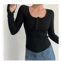 Women's Clothing Fashion All-match Solid Knit Pullovers Spring Summer Elegant Square Collar Chic Button Sweater Lady Vintage Top - Image 2