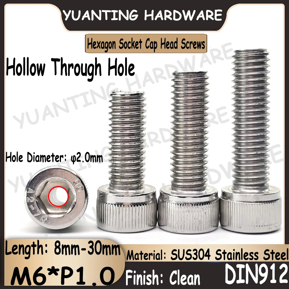 

5Pcs M6x8mm-30mm DIN912 SUS304 Stainless Steel Hexagon Socket Knurled Cap Head Hollow Screws Mask Machine Through Hole Screw