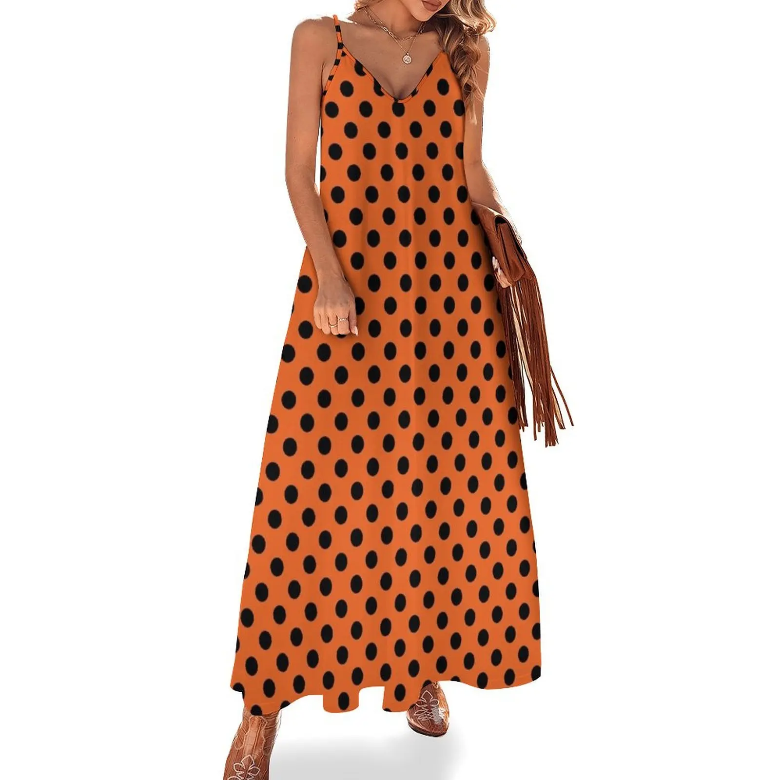 

Black Polka Dots on Orange Background Sleeveless Dress Party dresses Women's dresses women's summer clothing 2024