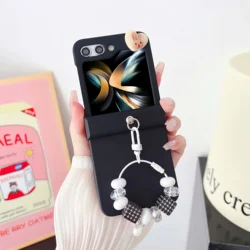 Cute Rabbit Bling Glitter Bead Wrist Strap Phone Case with Hinge Protection and Shockproof Cover for Samsung Galaxy Z Flip 5 (Black)
