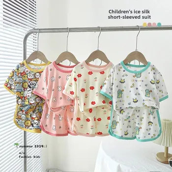 Ice Silk Short Sleeve Children's Clothing Set Cartoon Print Home Clothes for Boys And Girls Summer Lightweight Comfortable