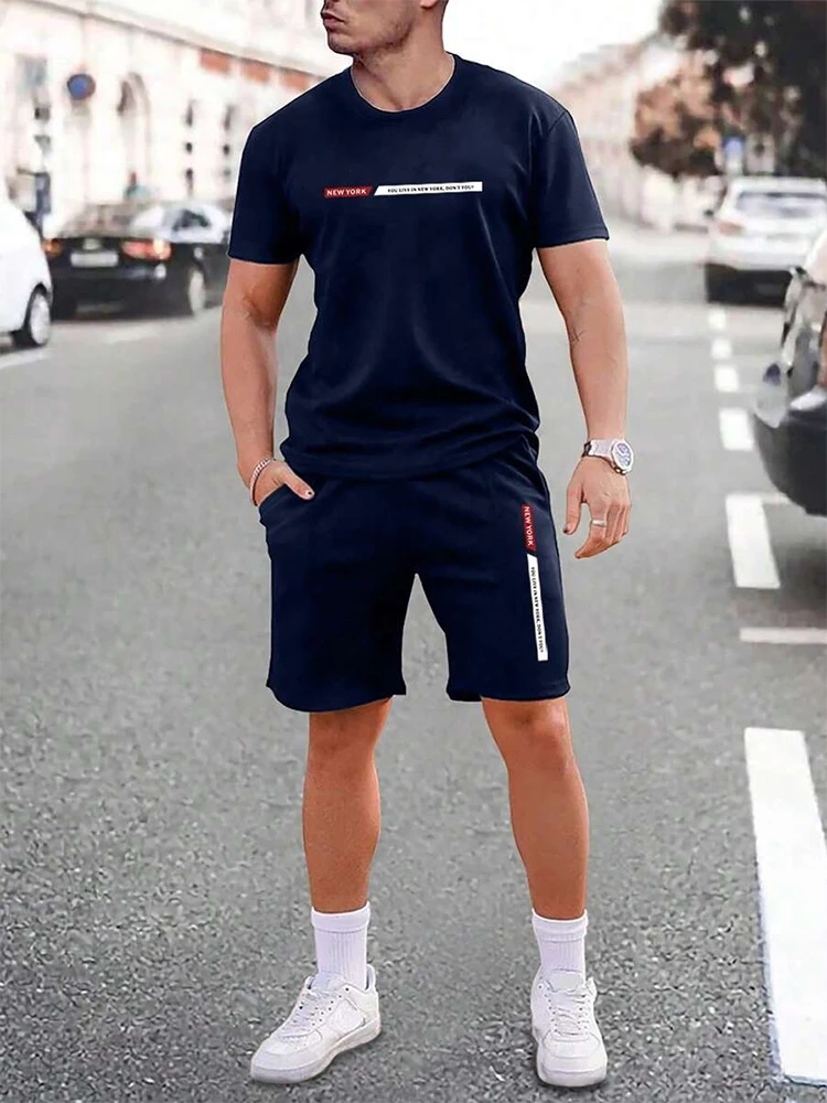 Urban street fashion trend men's crew neck short sleeve suit outdoor simple crew neck top casual and comfortable shorts 4