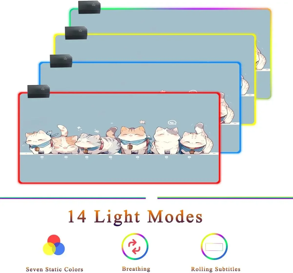 Anime Blue RGB Gaming Mouse Pad Large LED Light Desk Mat Non-Slip Base Laptop Mat Cute Animal Cats Mousepad Big Computer
