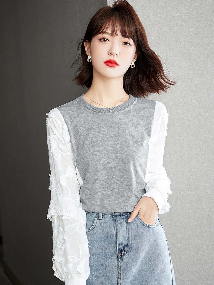 

BOBOKATEER Autumn Clothes For Women 2023 Round Neck Casual Tee Shirt Woman Fashion Clothing Lace Patchwock Long Sleeve Top Femme