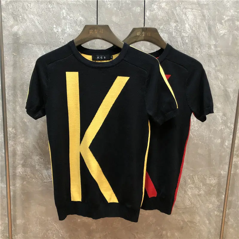 Men's short sleeve T-shirt qiu dong round collar short sleeves thick sweater base coat letters