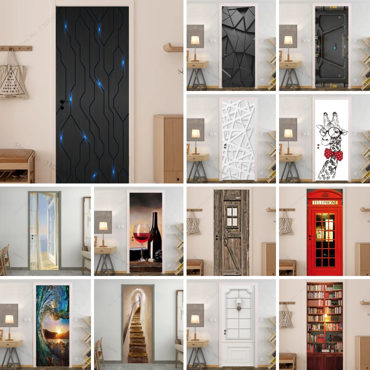 Geometric Line Blue Light Door Black Poster Vinyl PVC Waterproof Self-adhesive Space stair Wooden Grain Bookshelf Door Sticker