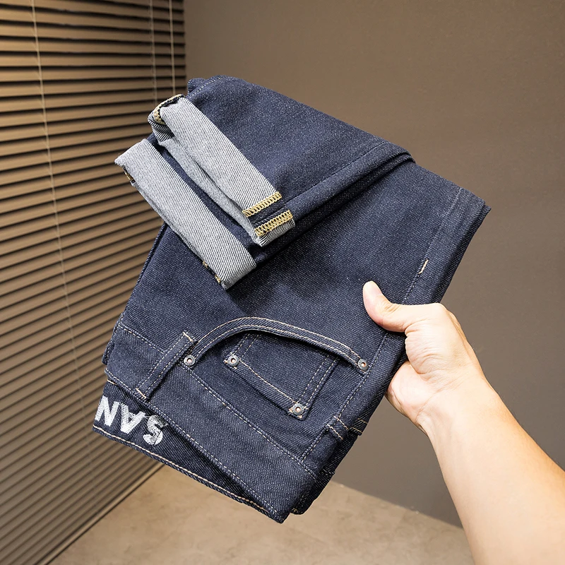 2024 new high-end light luxury MEN'S jeans fashion splicing slim straight casual simple personality casual blue denim pants