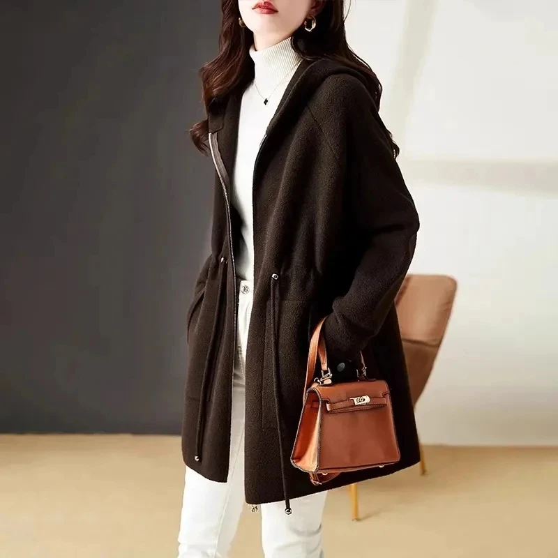 

2024New Korean Long Sleeve Woolen Coat Women Fashion Autumn Winter Loos Hooded Wool Outerwear Female Top-Grade Overcoat Tops 4XL