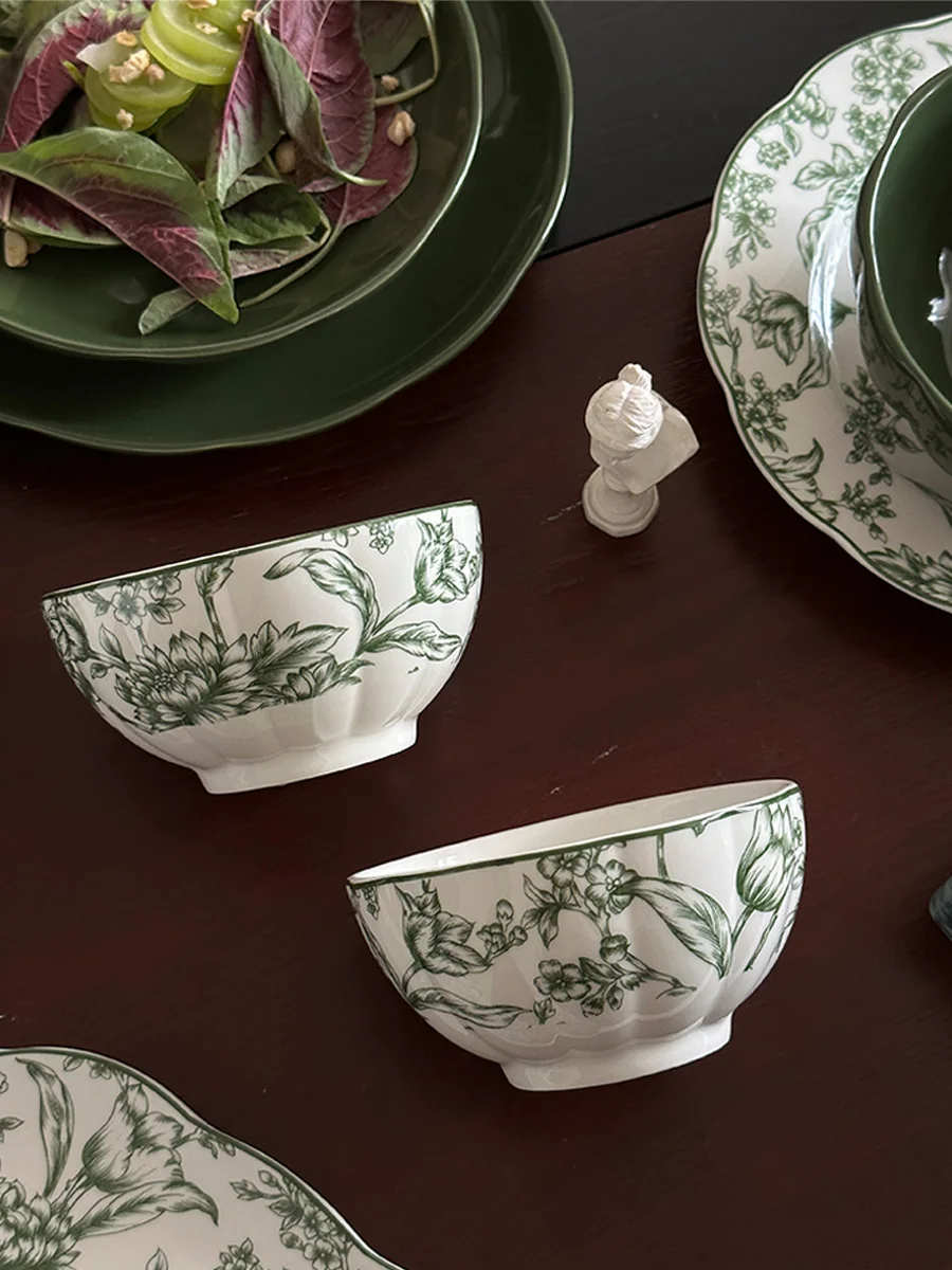 フランス風レトロ陶器食器セット グリーン＆ホワイト 電子レンジ・食洗機OK フランス風レトロ陶器食器セット グリーン＆ホワイト 電子レンジ