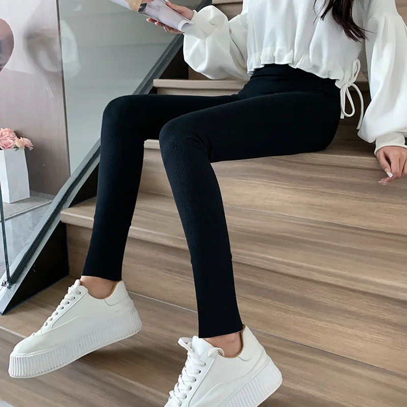 Ribbed Cotton Leggings Women Spring and Autumn Tights High Elastic Skinny Casual Pants Workout Walking Solid Leggings for Women 4