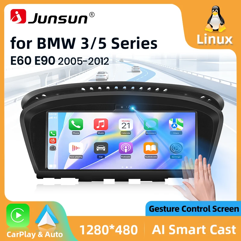 Reproductor multimedia para coche con sistema Linux Junsun, función de control por gestos aéreos, Carplay inalámbrico, Android Auto, radio para BMW Serie 5 E60 E61 E62 E63, Serie 3 E90 E91 E92 E93 2005-2012, navegación GPS, pantalla inteligente Android con función de duplicación de pantalla. 1