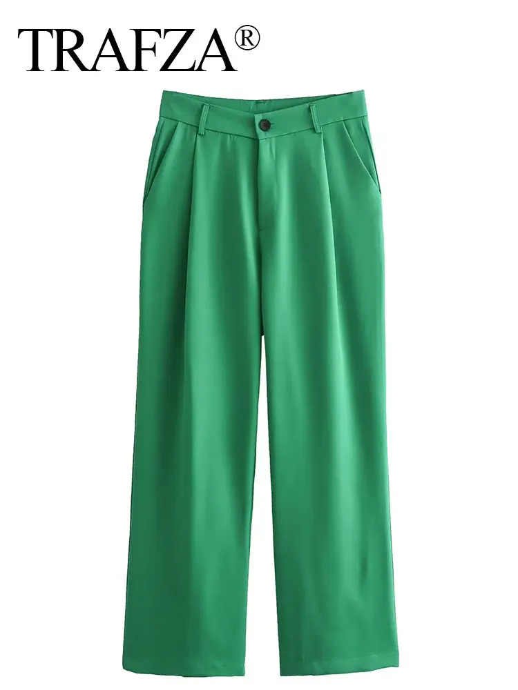 HH Women Casual Solid Pants High Waist Zipper Straight Pants 2024 Female Fashion Trousers Office Lady Wide Leg Pant