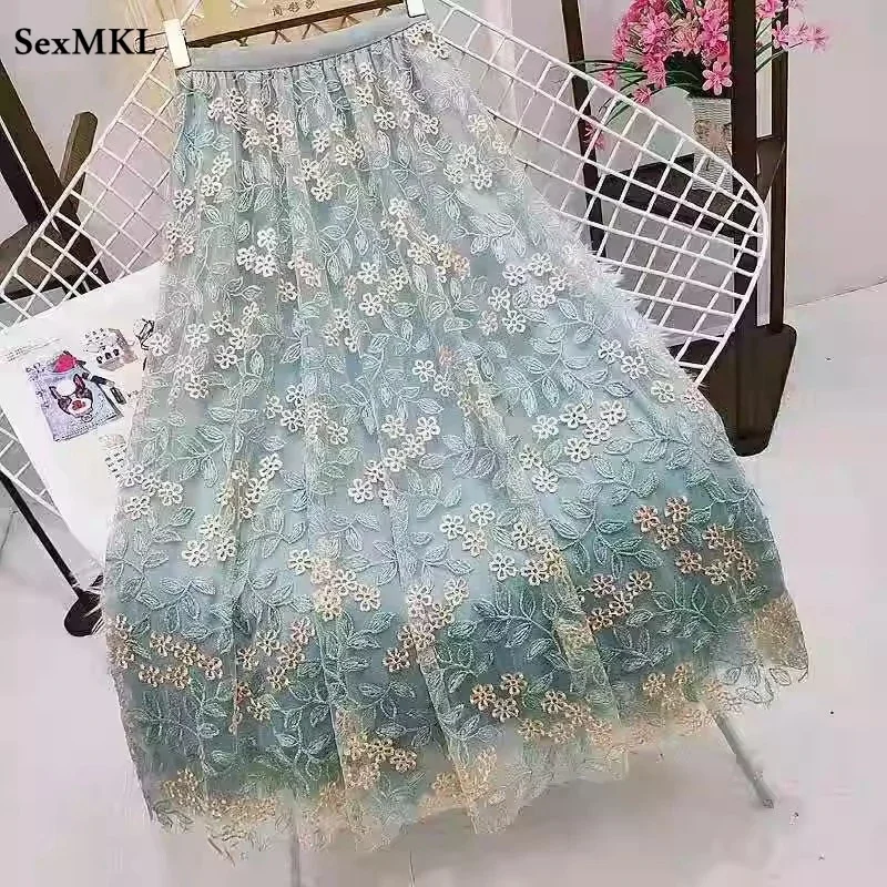 Jupes longues en tulle brodé vintage pour femmes, jupe midi