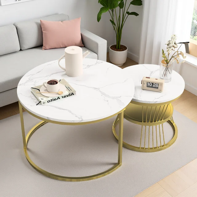 FANGANGE Table d'appoint ronde 2 pièces, table basse, structure en métal, style moderne, convient pour le salon et la chambre à coucher, noir, doré 1