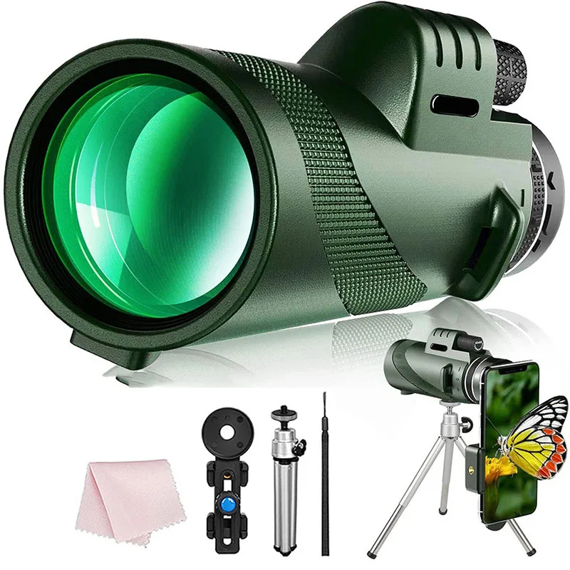 80X100 Hd Monocular Telescope 8000M Long Range Zoom Bak4 Prism Telescope with/without Tripod Phone Clip Hunting Outdoor Camping 6