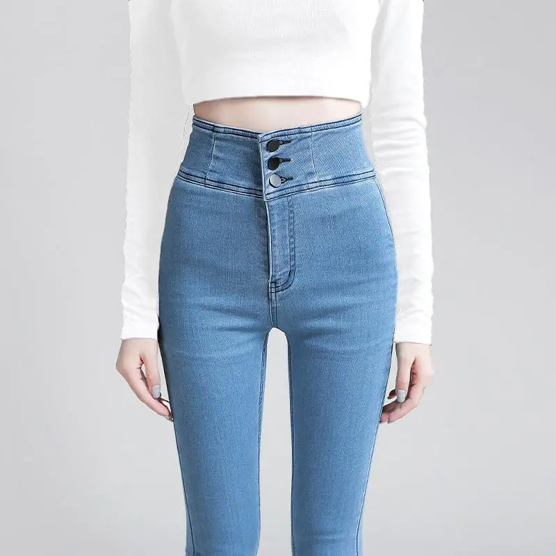 High Waist Blue Jeans Women Skinny Button Streetwear Sexy Pencil Pants Leggings Y2k Clothes Trousers Sweatpants Thin New