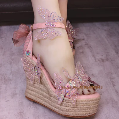 

Straw Braided One-word Buckle Wedge High Heels Sandals Fashion Summer Sequin Peep Toe Butterfly Party Dress Daily Female Shoes