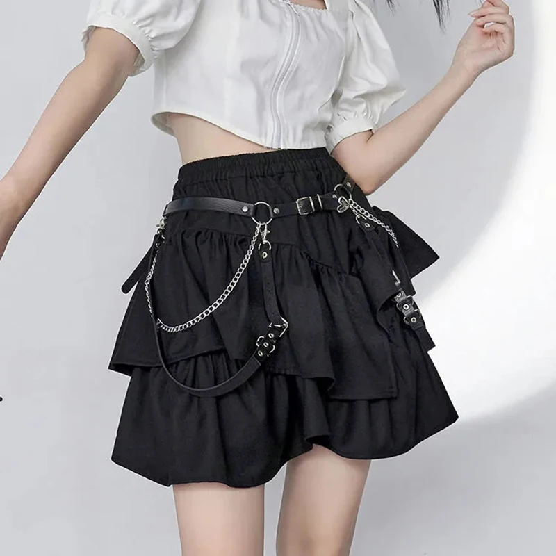 

Zoki Gothic Chain Black Ruffles Skirt Women Y2K Japanese Summer Streetwear Irregular A Line Skirts Fashion High Waist Mini Skirt