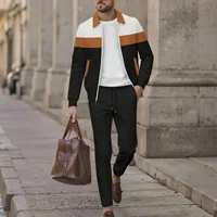 Ensemble sportif tricoté à carreaux et color-block pour homme, veste zippée et pantalon à lacets, un ensemble streetwear décontracté pour le quotidien. 3